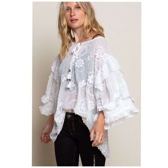 Pol White Boho Embroidered Floral Top with Ruffles - Picture 9 of 16
